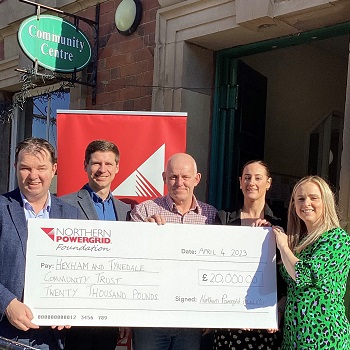 Cheque presented to Hexham Community Centre from Northern Powergrid Foundation and MP Guy Opperman